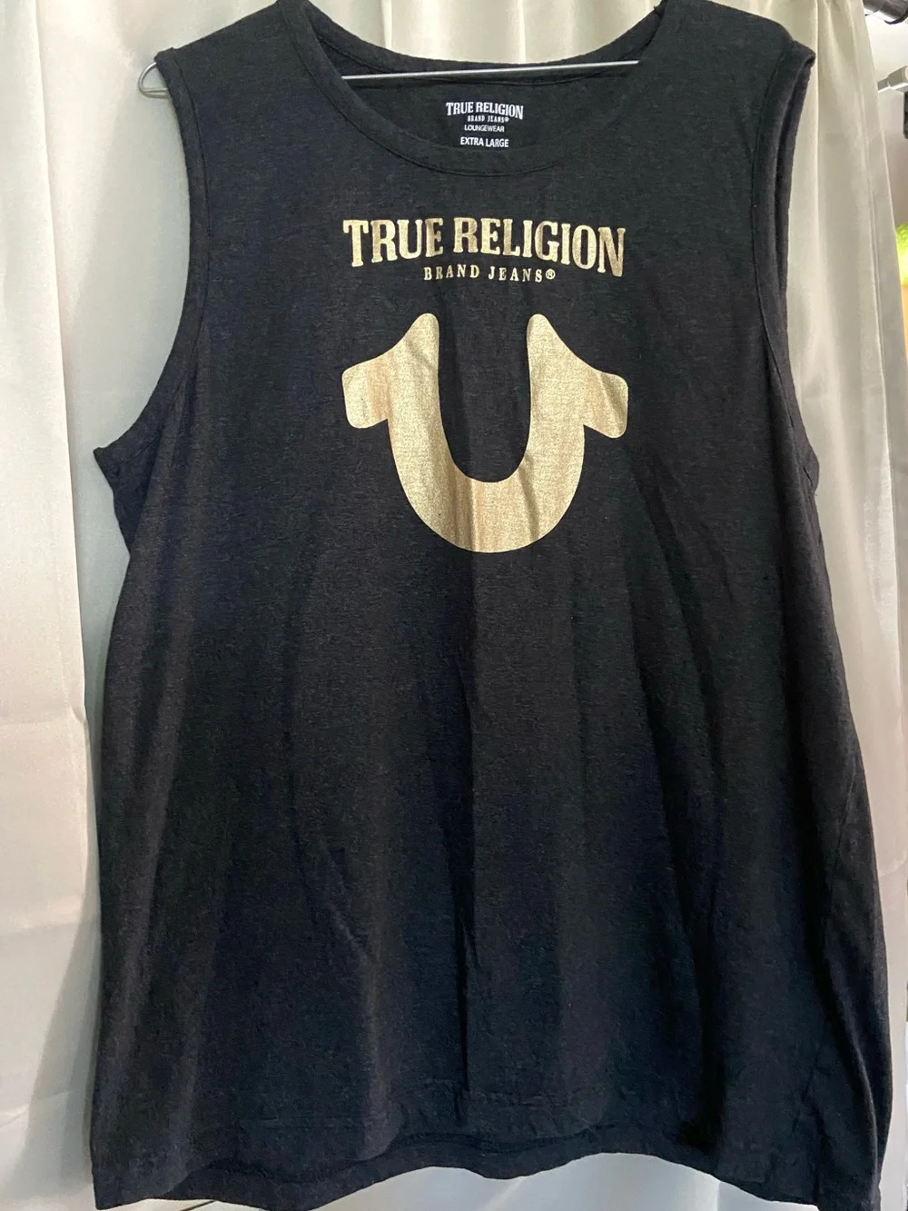 XL True Religion Black Muscle Tank with Metallic Gold Horseshoe Logo